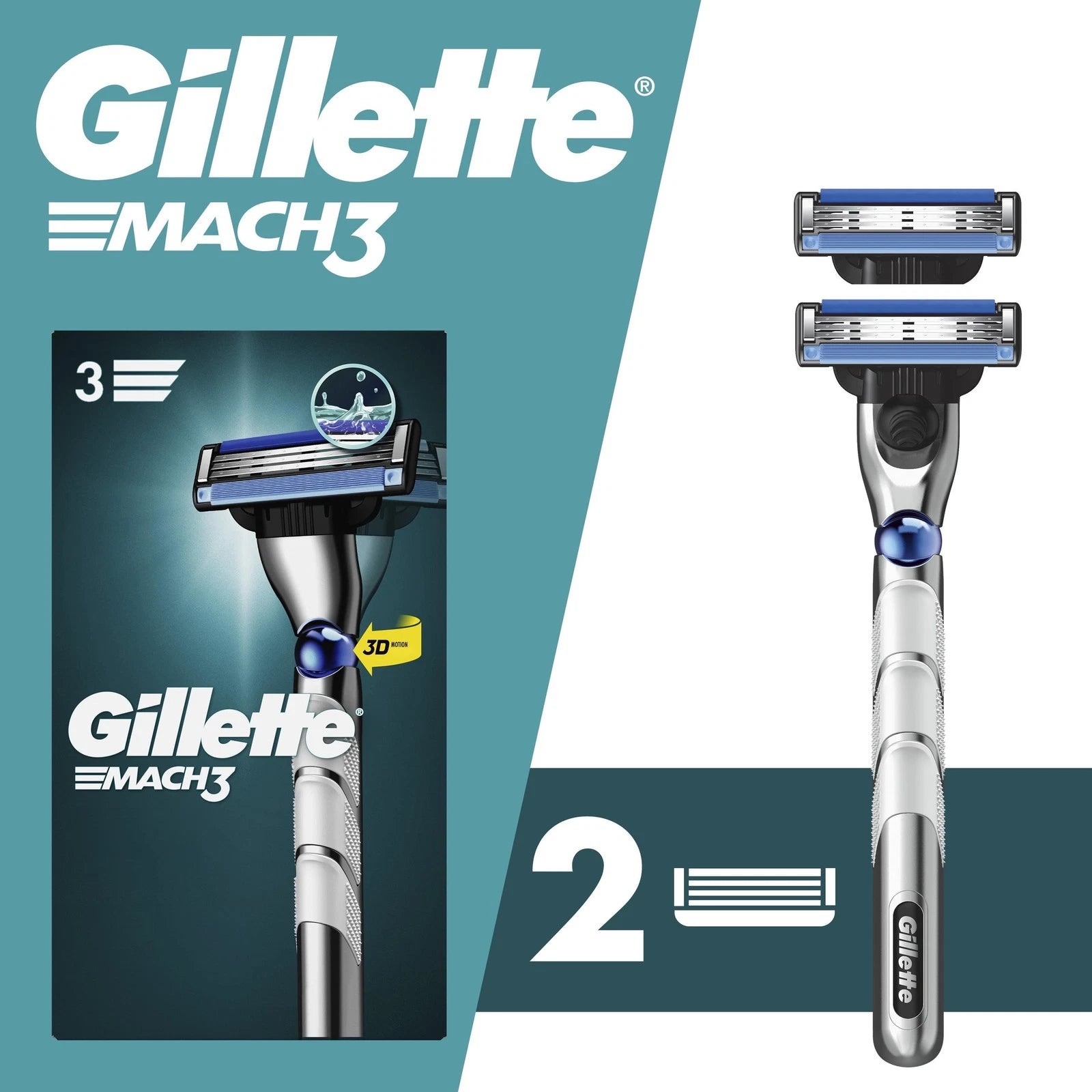 Gillette Mach3 3D Men's Manual Razor Handle and 2 Blade Refills, Silver